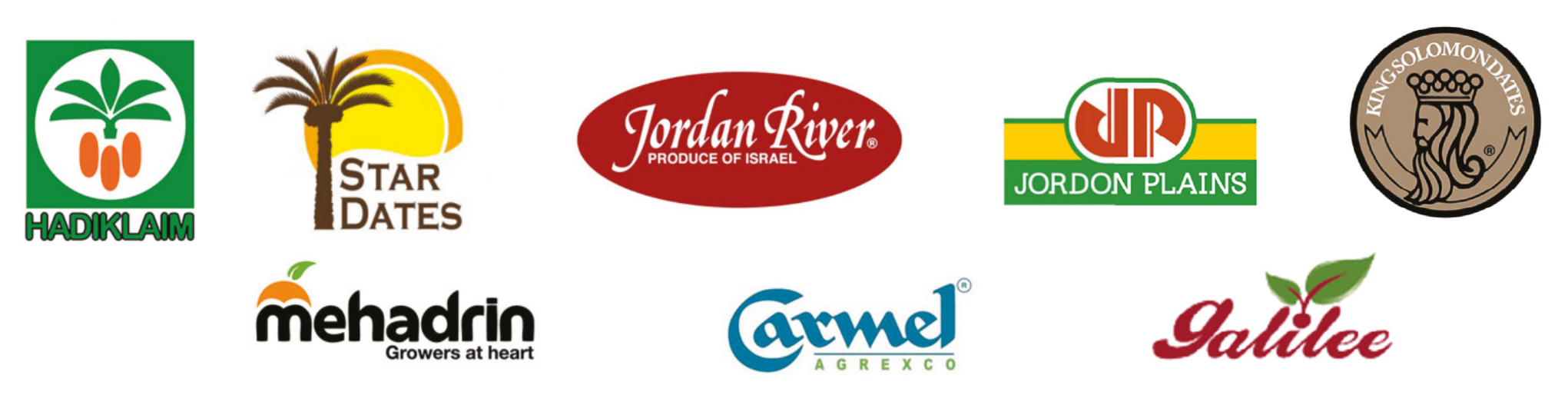 Israeli date brand logos: Hadiklaim, Star Dates, Jordan River (Produce of Israel), Jordon Plains, King Solomon Dates, Mehadrin, Carmel Agrexco and Galilee