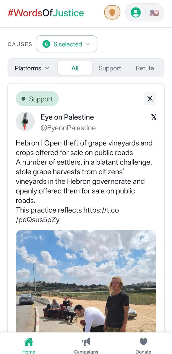 Words of Justice app home feed showing causes, platform filters and a post to support